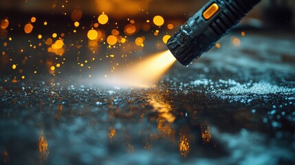 A close-up shot of a flashlight illuminating a surface, creating a misty effect with sparkling lights in the background.