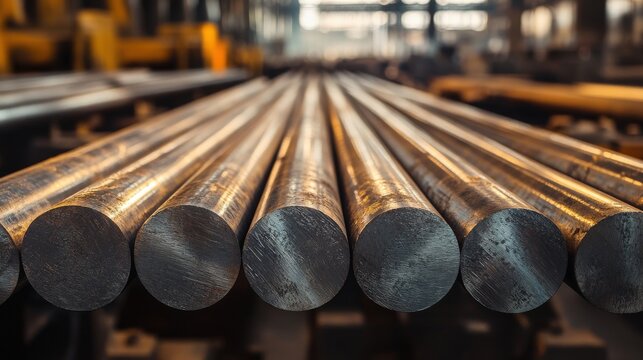 A close-up view of round metal rods arranged in parallel, showcasing their polished surfaces and industrial environment.