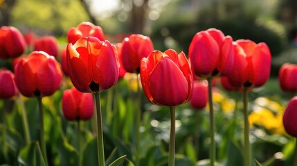 Obraz premium red tulips in garden