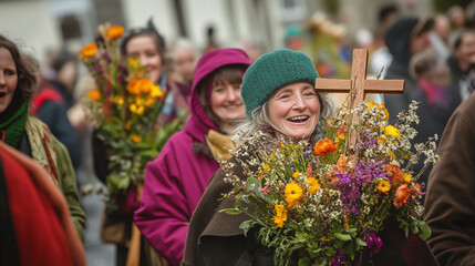 St. Brigid's Day parade in a small Irish village, people carrying St. Brigid's cross while singing and praying, wild flower decorations decorate the village streets, Ai generated images