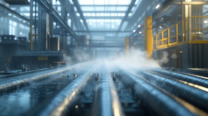 A close-up view of industrial pipes with steam rising, set in a spacious factory environment with natural light filtering through large windows.