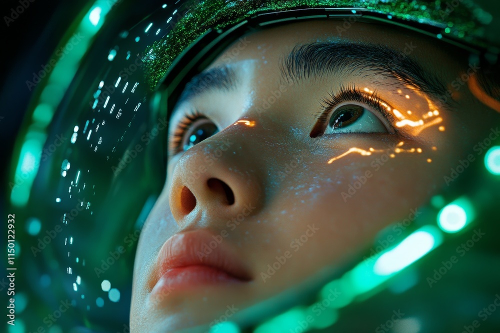 Poster a hyper-realistic depiction of a personâ€™s face illuminated by the glow of a holographic interface,