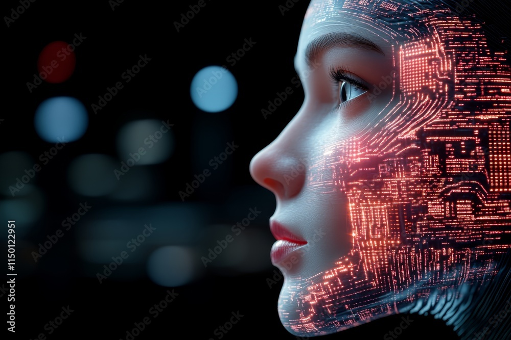 Poster a hyper-realistic depiction of a personâ€™s face illuminated by the glow of a holographic interface,