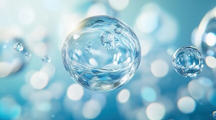 Cosmetic Essence, Liquid bubble, Molecule inside Liquid Bubble on water background, 3d rendering