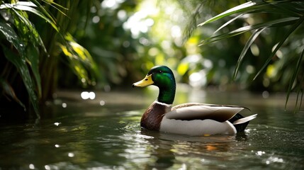 Obraz premium A mallard duck swimming gracefully in a tranquil pond surrounded by lush greenery.