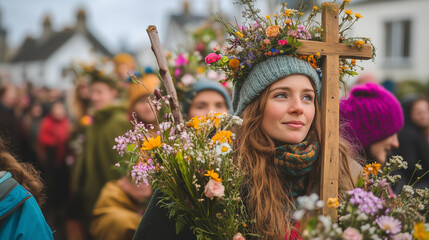 St. Brigid's Day parade in a small Irish village, people carrying St. Brigid's cross while singing and praying, wild flower decorations decorate the village streets, Ai generated images