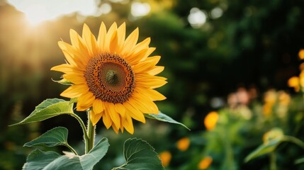Fototapeta premium Vibrant sunflower in a field at sunset.