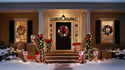 Festive Christmas Home Exterior Decor at Night