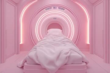 AI-powered MRI scanner room with holographic screens, soft pink neon lighting, advanced tech lab, 3D, hyper-realistic details , closes up