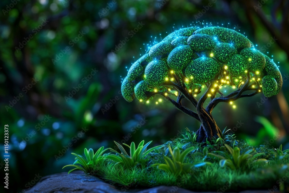 Poster a magical gmo tree glowing with bioluminescent fruits, set in an enchanted forest with vibrant, swir