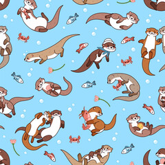 Cute sea otters seamless pattern. Repeated water wild mammals, funny river animals swim, dive, fish, lovely family. Decor textile, wrapping, wallpaper. Print for fabric tidy vector background