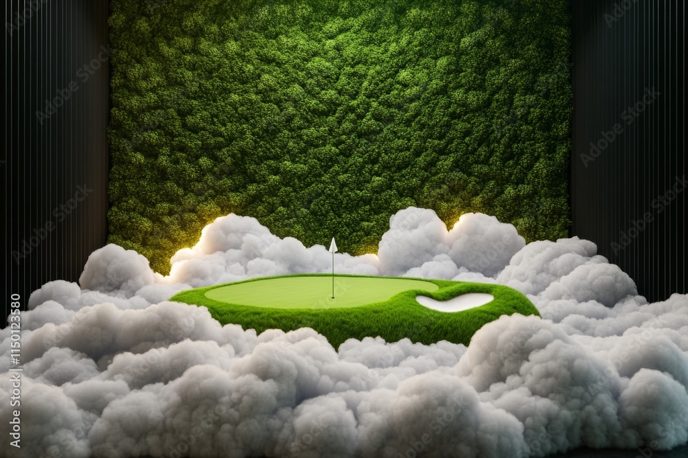 Poster a magical golf course floating in the clouds, with glowing greens, enchanted sand traps, and mystica