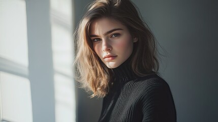Fototapeta premium Elegant Female Portrait in Simple Black Sweater with Natural Lighting and Neutral Tones. Modern Minimalist Fashion