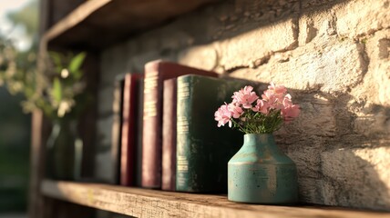 3D rendered tree bookshelf with vintage decor, rustic style, earthy color palette, natural light, country cottage setting, soft focus. , closes up