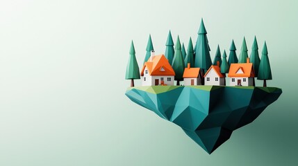 A whimsical floating island features colorful houses surrounded by lush trees, blending nature and creativity in a serene landscape.