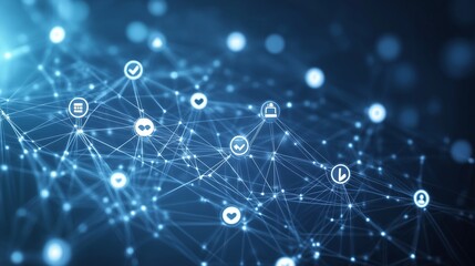 Fototapeta premium Modern social network visualization featuring a web of nodes and share symbols against a sleek, high-tech background. 