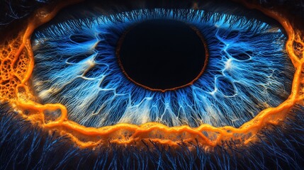 Detailed close-up of a human eye, showcasing the intricate iris and pupil with vibrant colors.