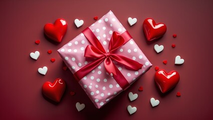 Pink polka-dot gift with red ribbon surrounded by heart decorations on a red background.