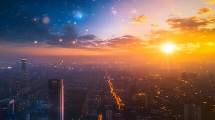 A fusion of day and night in one sky with a bright sun and glowing stars over a diverse vibrant cityscape.