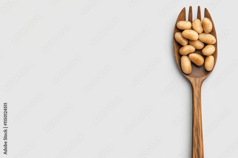 Poster a minimalist 2d design of gnocchi and a fork on a plain white background, accented with clean, bold 