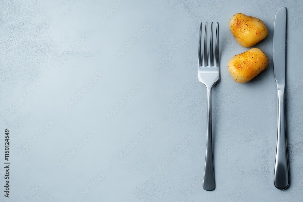 Poster a minimalist 2d design of gnocchi and a fork on a plain white background, accented with clean, bold 