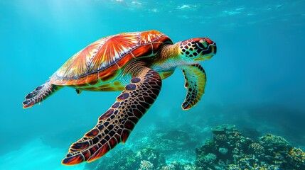 Fototapeta premium A vibrant sea turtle swims gracefully through clear blue waters, showcasing its colorful shell against a backdrop of coral reefs.