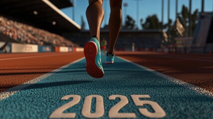 legs of a sportsman running on the road in sneakers with the inscription 2025 on the road, the concept of the start of the new 2025