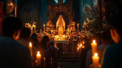 Obraz premium Catholics gather inside the church with a statue of Our Lady of Candelaria in the middle of the altar decorated with burning candles and fresh flowers, Ai generated images