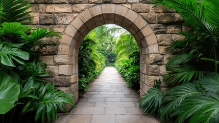 Naklejka premium A serene stone archway leads through lush greenery, inviting exploration down a tranquil path surrounded by vibrant foliage.
