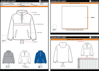 ANORAK PULLOVER JACKET EASY EDITABLE EMPTY TECHPACK MEASUREMENT LAYOUT TEMPLATE DESIGN © JUSTBEGINNS