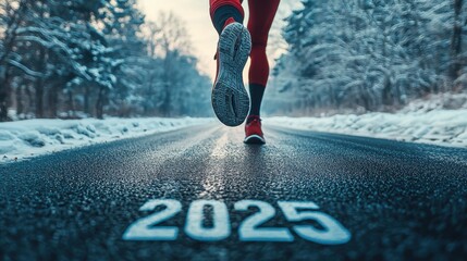 legs of a sportsman running on the road in sneakers with the inscription 2025 on the road, the concept of the start of the new 2025