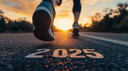 legs of a sportsman running on the road in sneakers with the inscription 2025 on the road, the concept of the start of the new 2025
