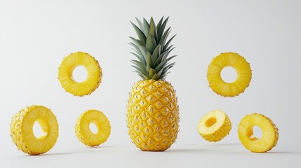 Highquality 3D render of falling pineapple rings on white background