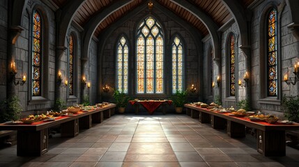 Fototapeta premium A grand, medieval hall with stone walls, stained glass windows, and long tables laden with food, evoking a historic and festive atmosphere.