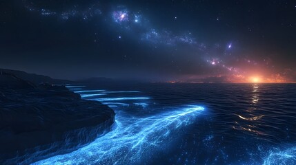 Fototapeta premium A glowing ocean where bioluminescent creatures swim under a radiant sky filled with swirling galaxies.
