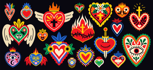 Cartoon mexican sacred hearts. Mystical traditional symbols, love charms, spiritual memorial signs, colorful scull and flowers, patterned isolated decorative trendy elements, tidy vector set
