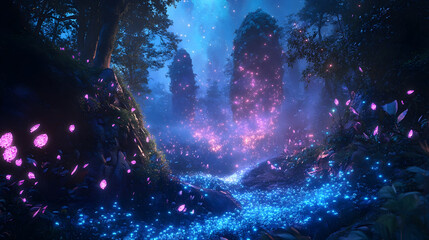 Fototapeta premium Ethereal galaxy-inspired landscape with swirling mist and luminous stars shining in vibrant blue and pink hues