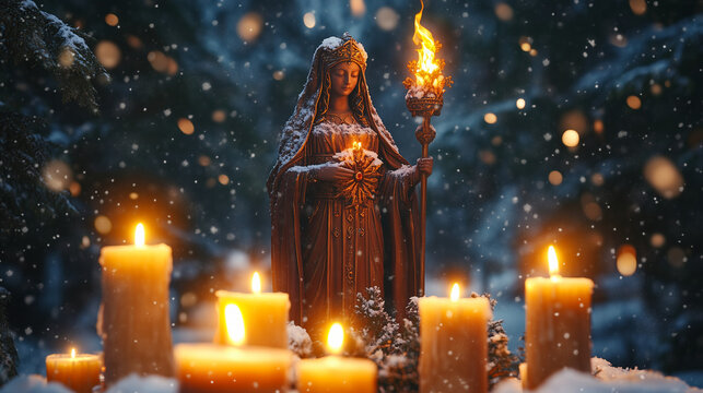 statue of Goddess Brigid stands majestically in the middle of an altar decorated with burning candles and snowflakes, Ai generated images