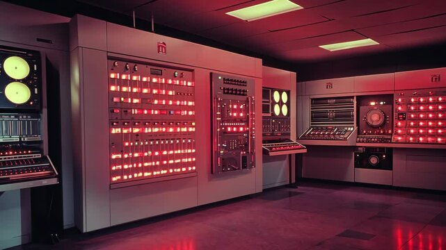 Vintage Computer Room Retro Technology Red Lights Data Center 1970s