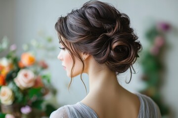 Naklejka premium Elegant Updo Hairstyle with Soft Lighting in Background