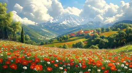 Mountain village, poppy field, idyllic scenery.