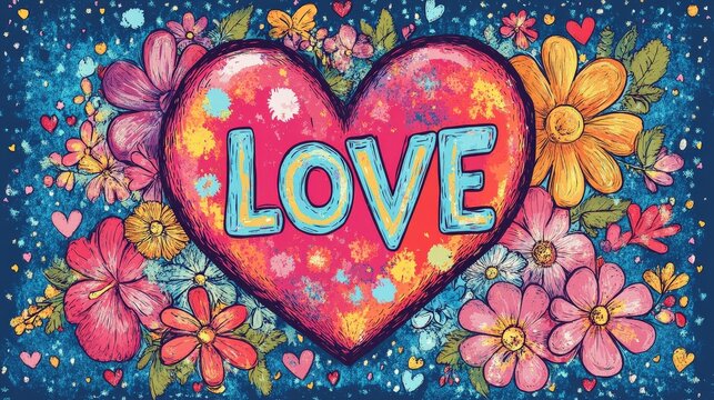 Boho, A vibrant heart filled with colorful flowers and the word "LOVE," set against a blue background, conveying a joyful and affectionate theme.