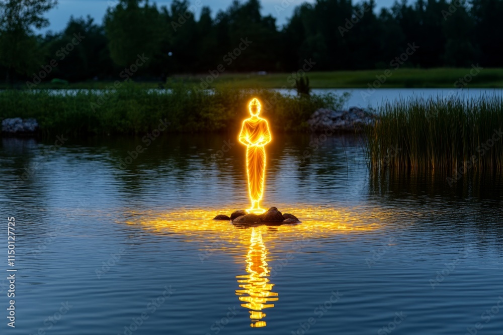 Poster a peaceful river scene with a glowing divine figure standing on the water, surrounded by soft light 