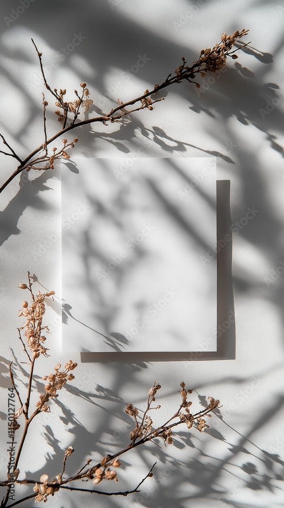 Poster a minimalist presentation showcases a white blank card nestled against a textured surface, illuminat