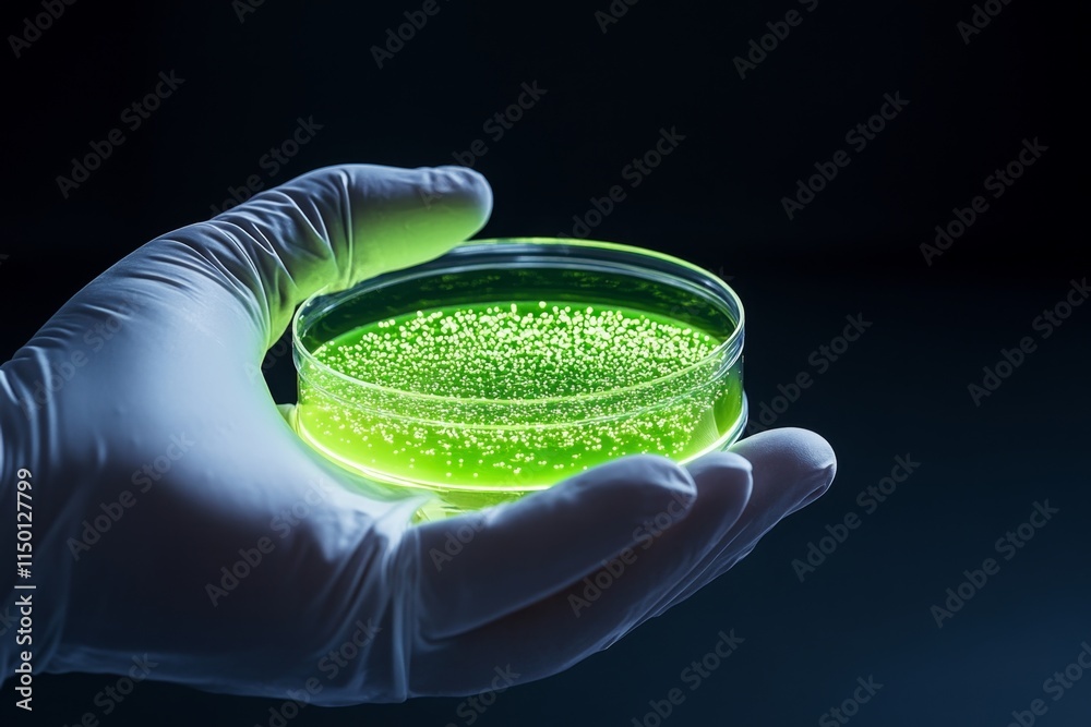 Poster a petri dish containing genetically modified algae glowing bright green under the light of a lab mic