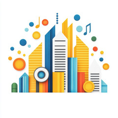 Fototapeta premium Colorful geometric cityscape with musical notes and circles