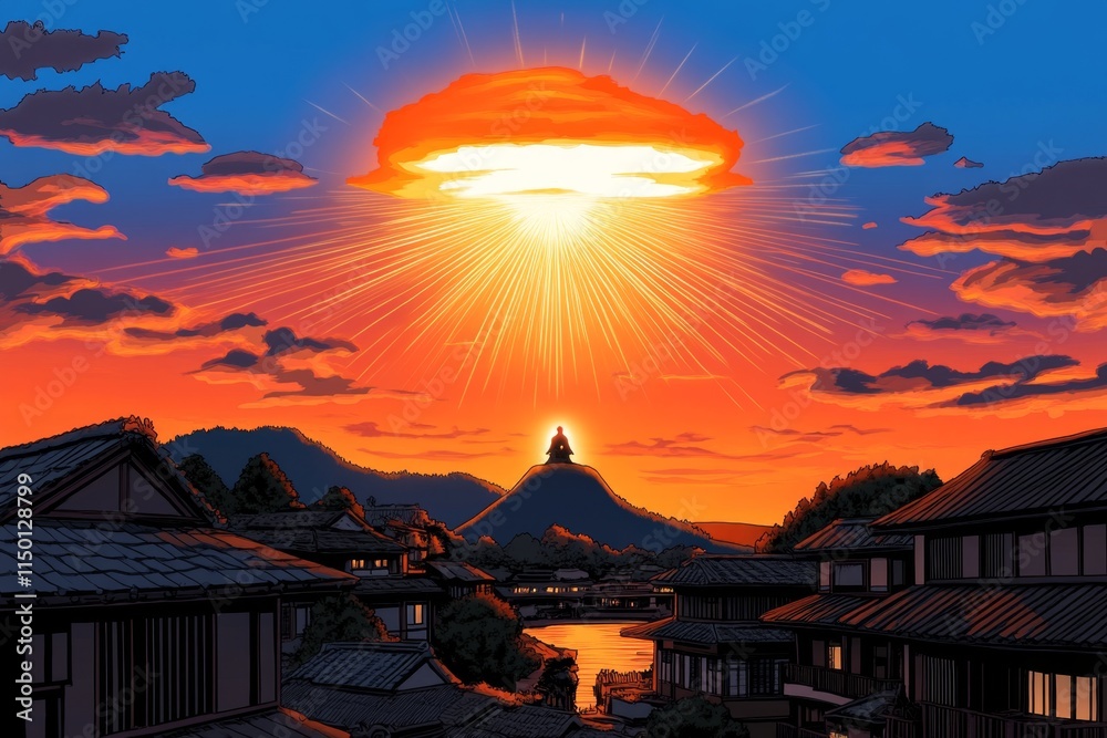 Poster A pixel art depiction of a glowing god-like figure floating above a mountain, with animated rays of light beaming down on a pixelated village below