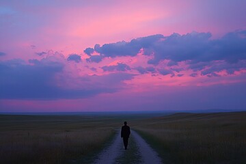Solitary silhouetted figure walking on a path through a vibrant colorful countryside landscape at dramatic sunset