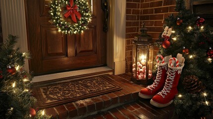 Fototapeta premium Festive Christmas Porch Decor with Decorated Boots and Lantern