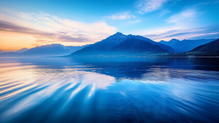 Breathtaking mountain landscape reflecting on calm water at sunset